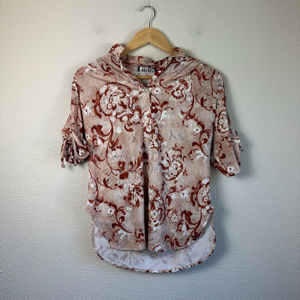 My Kinda Gal Floral Blouse Womens Size M Brown Good Roll Tab Sleeve Henley